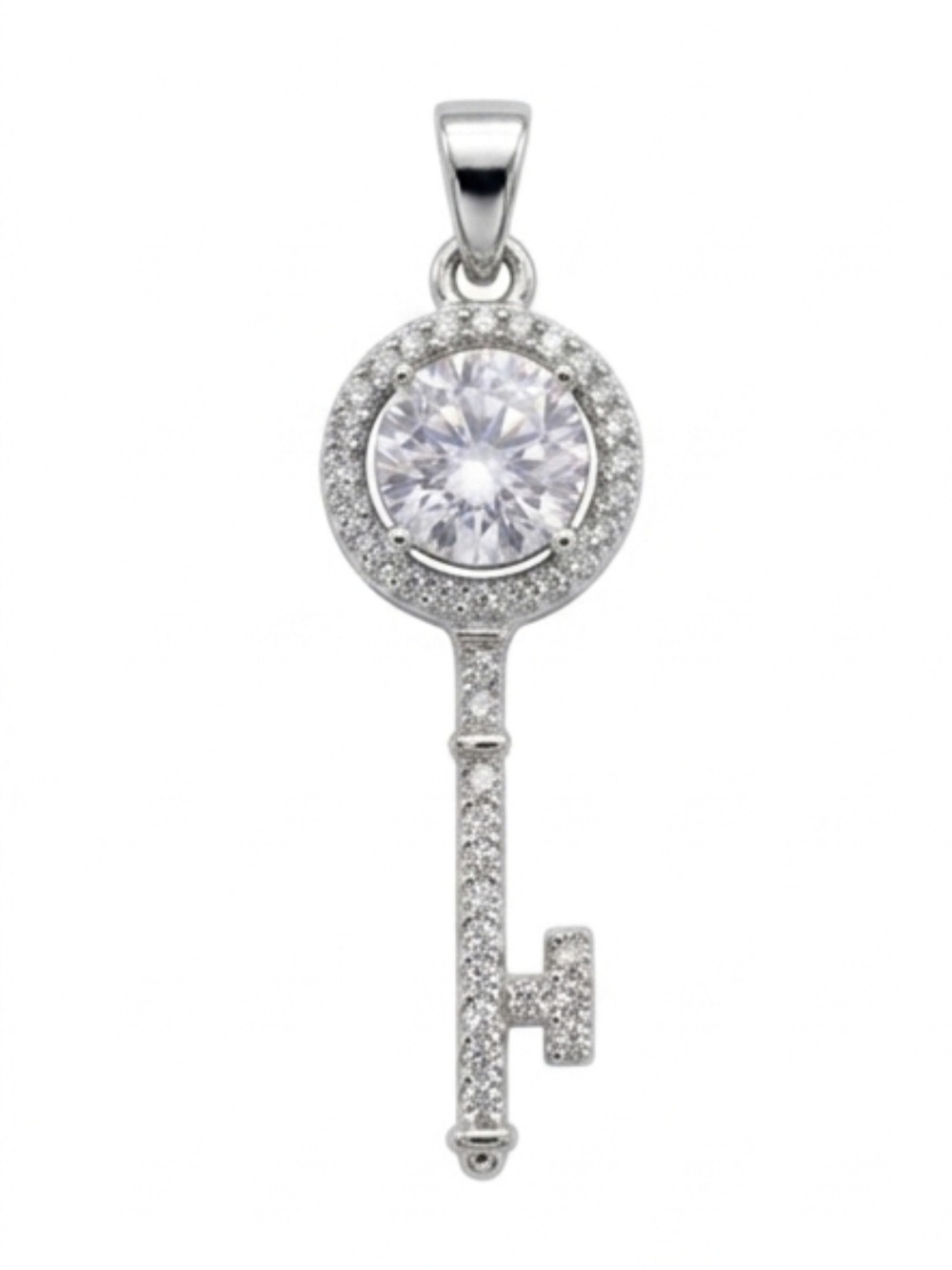 925 Sterling Silver Key Pendant Necklace with Sparkling Clear Crystal